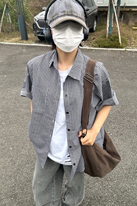 格子衬衫春夏美式短袖衬衫港风情侣装休闲衬衣 CS286-P30图片