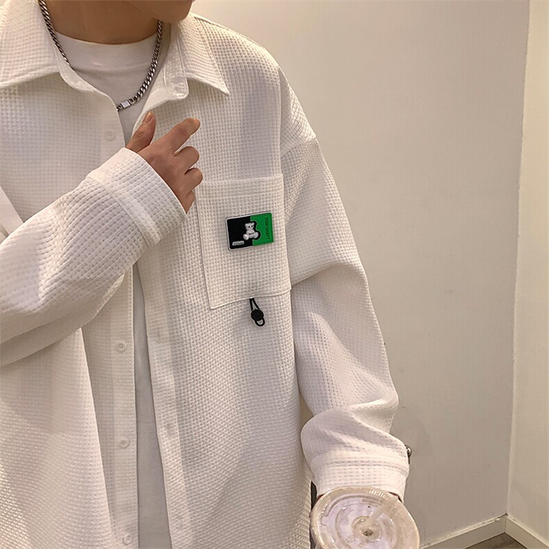 2023华夫格潮牌百搭秋季长袖翻领衬衫贴标男休闲衬衣外套C812-P45,男装衬衫,电商A001-1