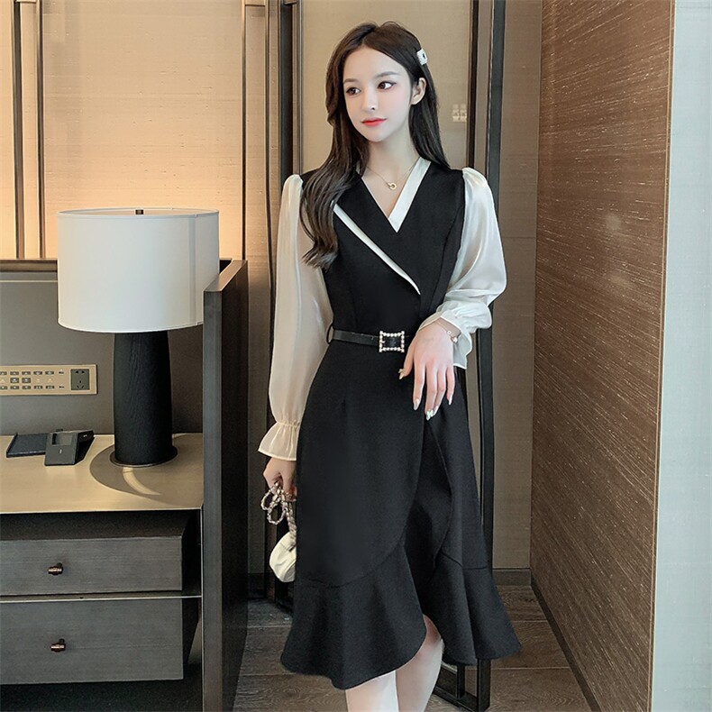 高端设计感连衣裙不规则2021年新款秋装法式休闲拼接裙子,女装连衣裙,潮品会