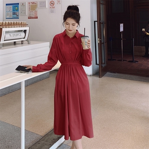 黄色法式长袖衬衫连衣裙女春秋2025新款秋装气质别致收腰长裙子冬图片