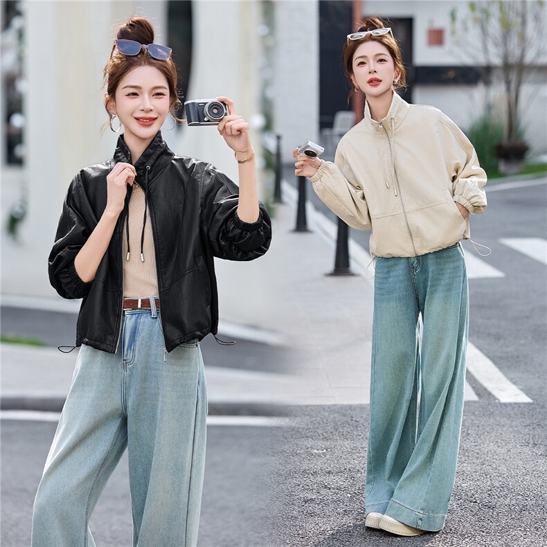 高端欧货春季新款高级感时尚抽绳立领外套宽松休闲夹克衫上衣女,女装皮衣,江南女神