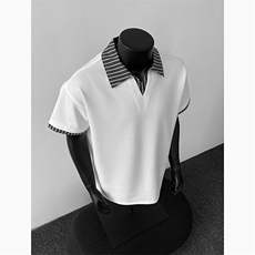 2025夏季拼接假两件V领短袖T恤男女高品质POLO衫812-PL11-P48，男装T恤，星座812