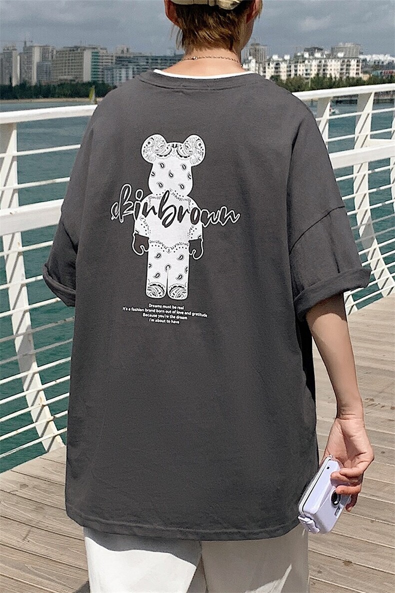 1港风小熊印花休闲情侣日系潮大码M-5XL短袖T恤男DT7736P25控38,男装T恤,星座226-2
