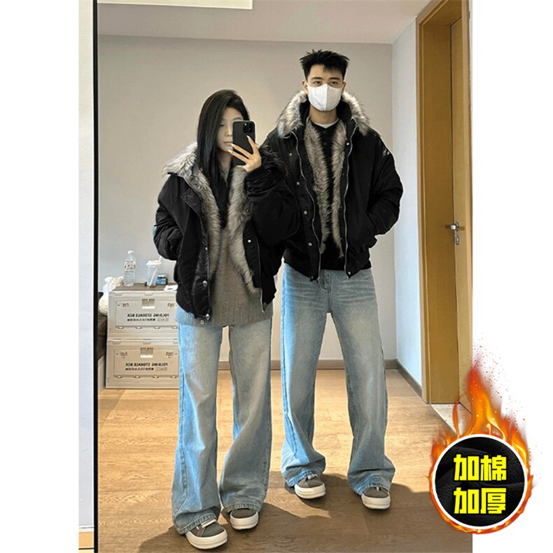 现货高品质美式高街重磅狼王座山雕毛毛领假两件棉衣加厚棉服外套,男装棉衣,电商A486-1
