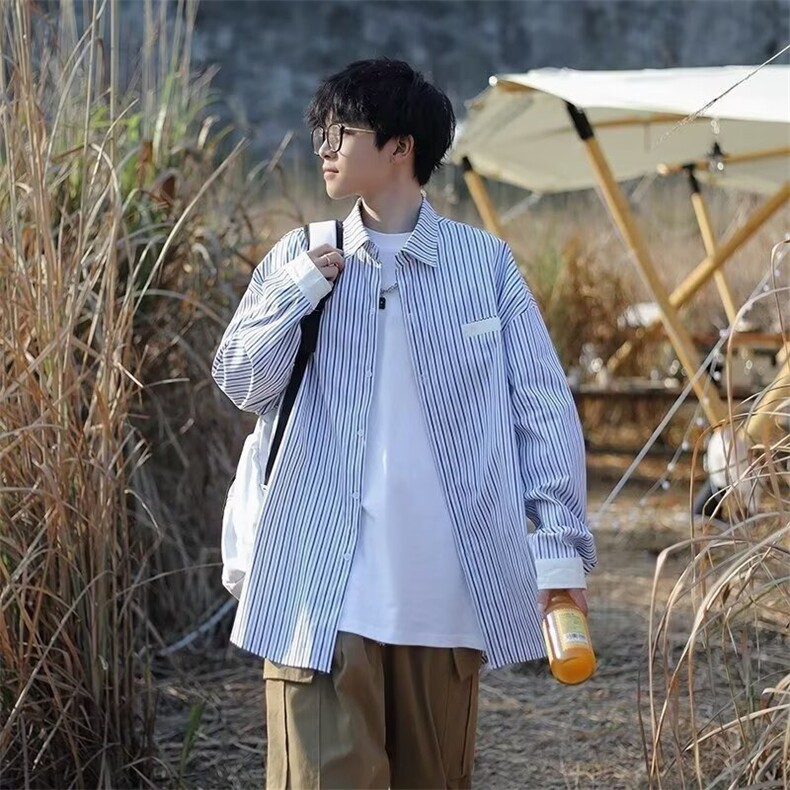 GS6138P40日系韩版条纹宽松长袖衬衫情侣春秋休闲百搭衬衣外套,男装衬衫,星座1108-5