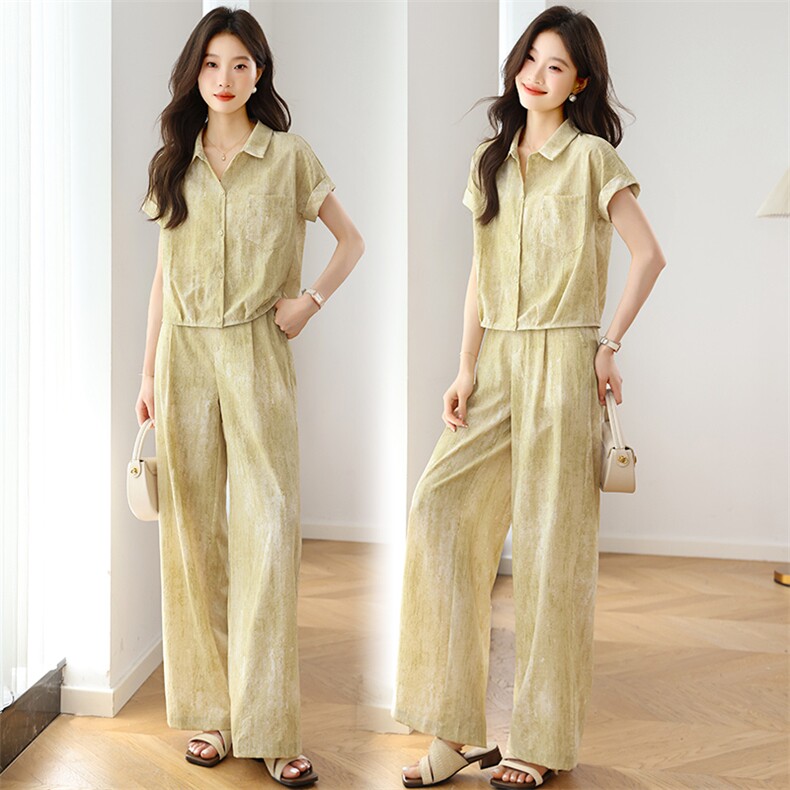 时尚套装女夏季薄款2025新款贵夫人洋气休闲短袖衬衫阔腿裤两件套，女装套装/套裙，婷思杰（原婷想服饰）