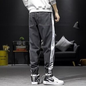 2021春秋季新日系男大码束脚印花撞色拼接九分破洞牛仔裤N8105-P50图片