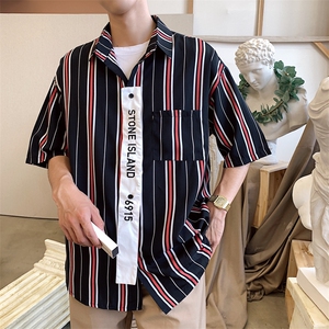 港风夏季 条纹短袖衬衫 宽松休闲 BF风潮流衬衣 CS02/图片