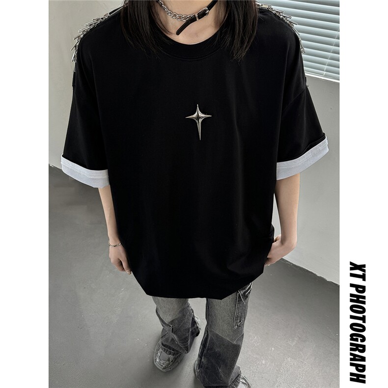 夏季260克美式复古四芒星情侣短袖T恤衫中性上衣男D343P43,男装T恤,电商A335-1（原A458）