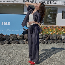 牛仔套装阔腿裤两件套春夏装女2025年新款时尚一整套穿搭显高显瘦，女装套装/套裙，江南女神