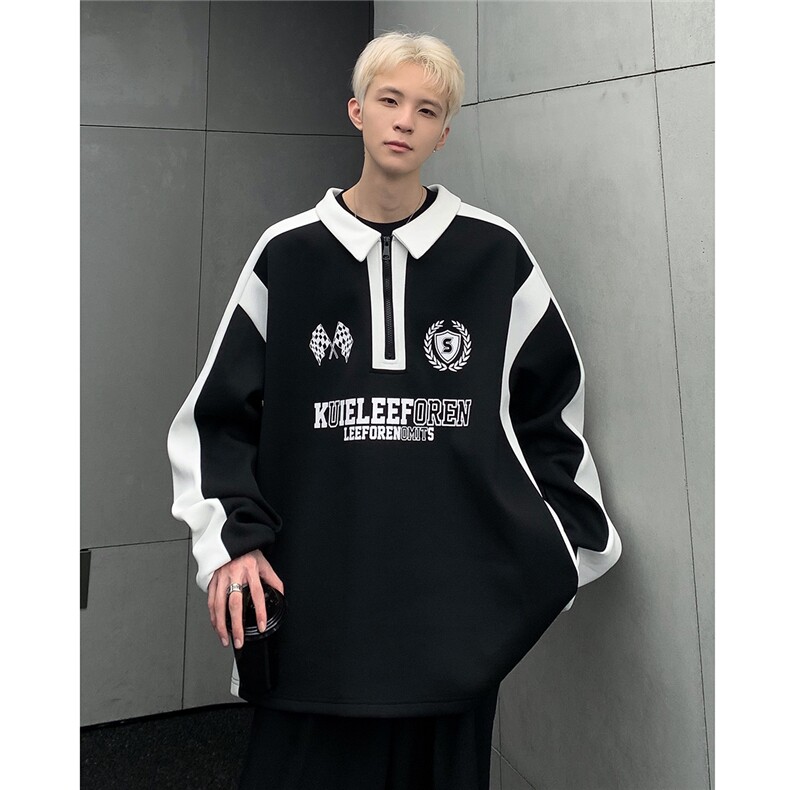 秋季新款美式重磅撞色拼接pol0立领卫衣情侣长袖外套W83-P58,男装卫衣,电商C307