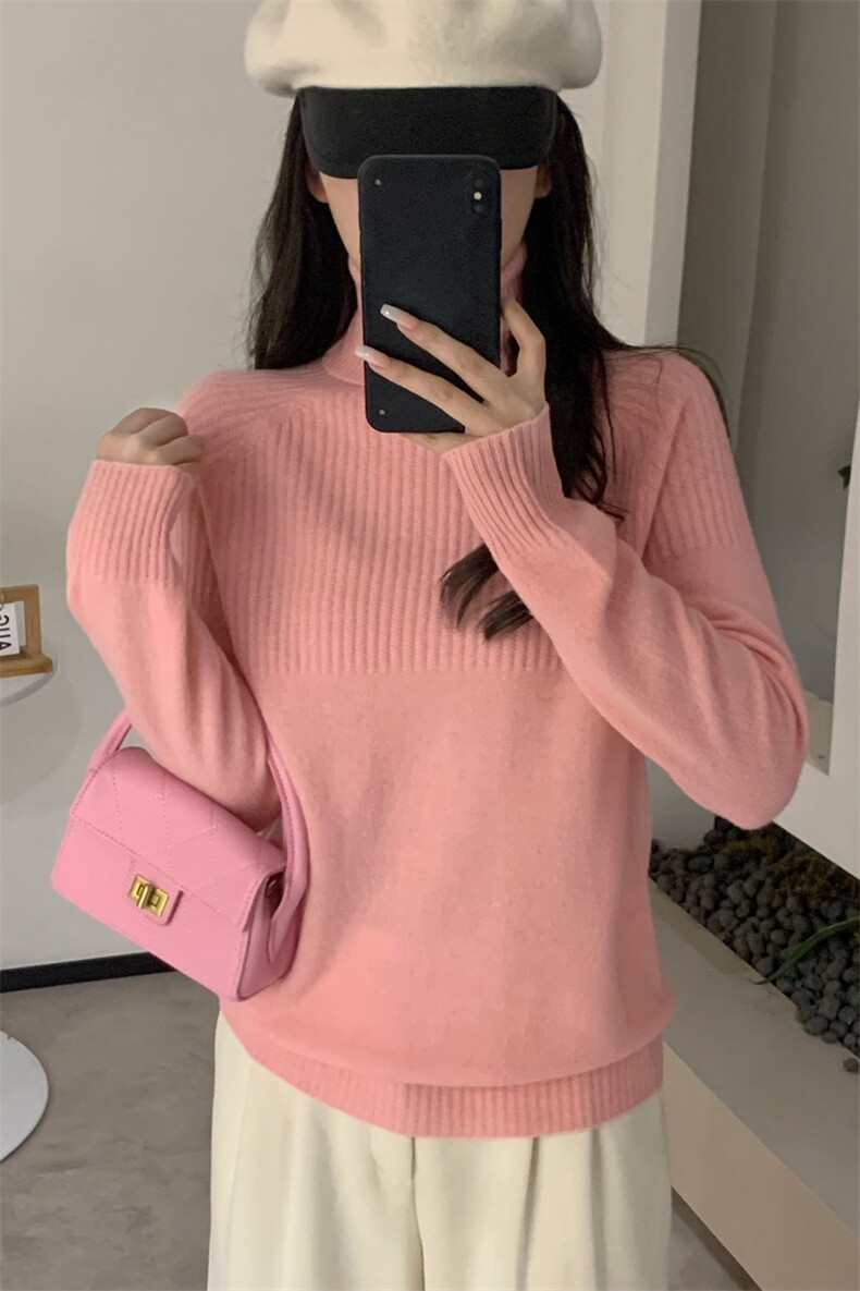 秋冬简约气质纯色羊毛衫女高领保暖减龄毛衣针织打底衫,女装羊毛衫,德尔信羊绒