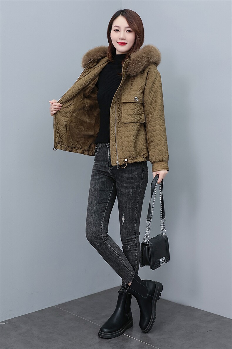 2022冬季新款提花连帽毛领可脱卸休闲派克服棉衣棉服,女装棉衣/棉服,奕薇雅