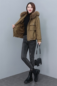 2022冬季新款提花连帽毛领可脱卸休闲派克服棉衣棉服图片