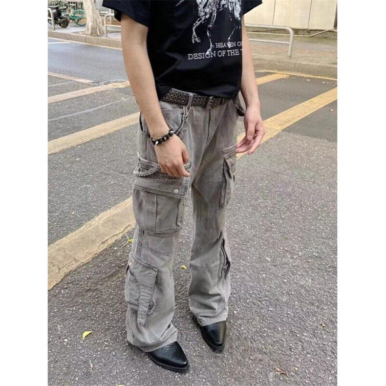 炮弹多口袋工装牛仔裤男小众潮牌做旧设计感宽松阔腿裤子NQ37,男装牛仔裤,星座1116A（原606A-3）