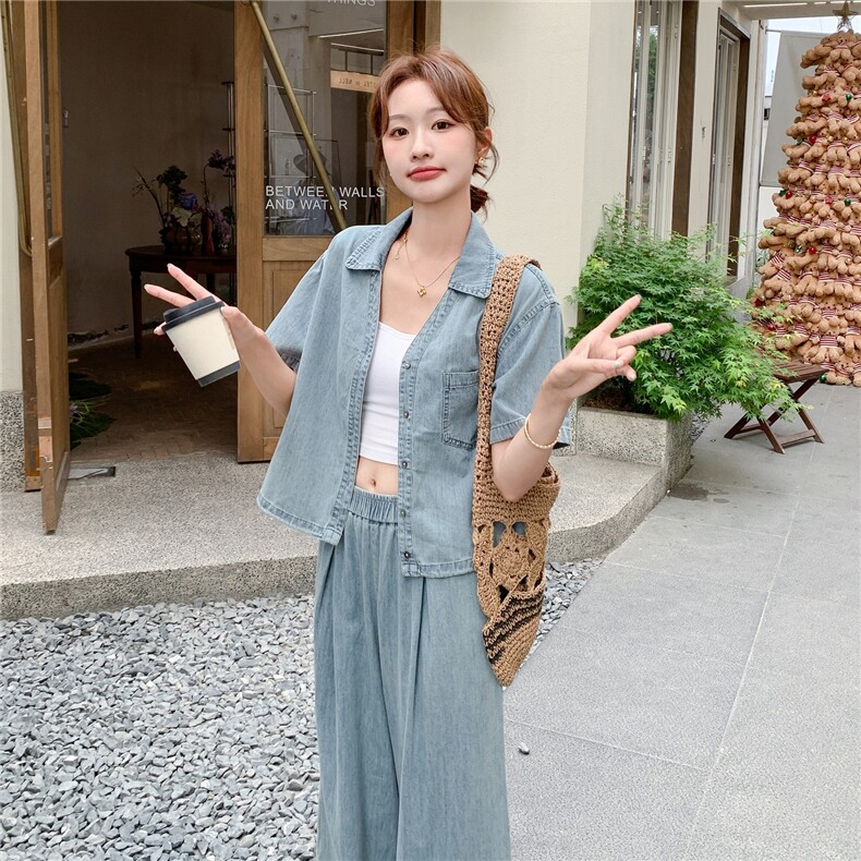 又a又飒牛仔套装女2025夏新款美式复古短袖外套高腰阔腿裤两件套,女装套装/套裙,2C168