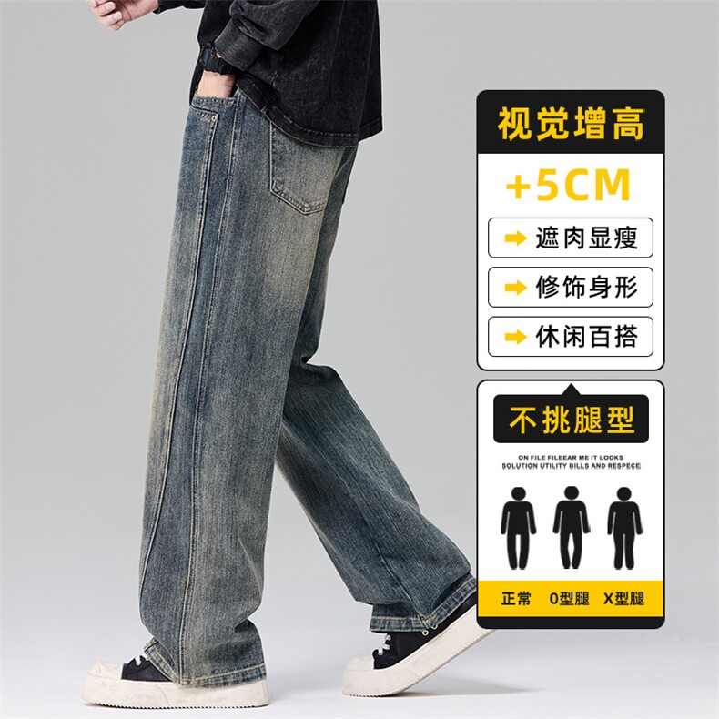 竹节纹复古牛仔裤男秋冬宽松直筒长裤水洗美式风休闲裤Z2615-P50，男装牛仔裤，星座509