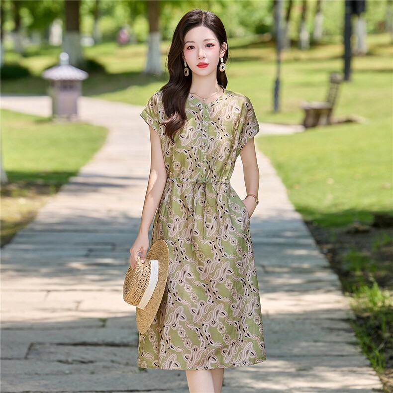 夏装新款时尚数码印花天丝亚麻连衣裙,女装连衣裙,姿衣坊