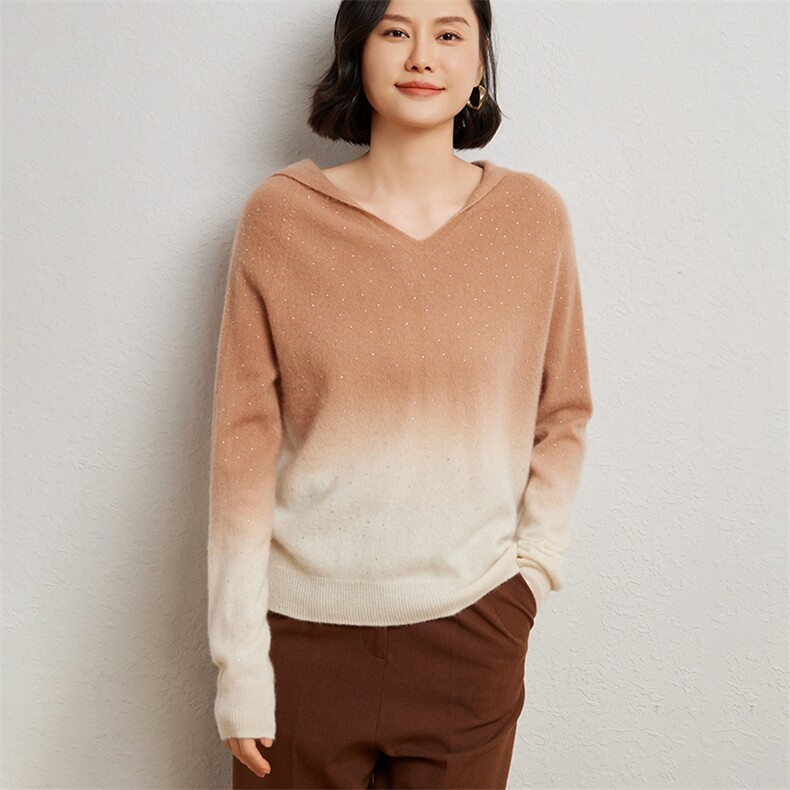 时尚渐变色女士衫优雅V领加烫钻设计舒适保暖,女装羊绒衫,臻维羊绒