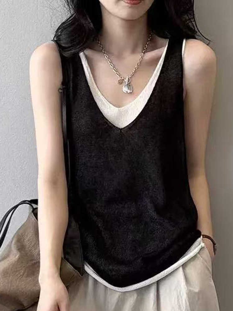 新款v领无袖吊带时尚百搭修身型,女装T恤,锦弘羊绒