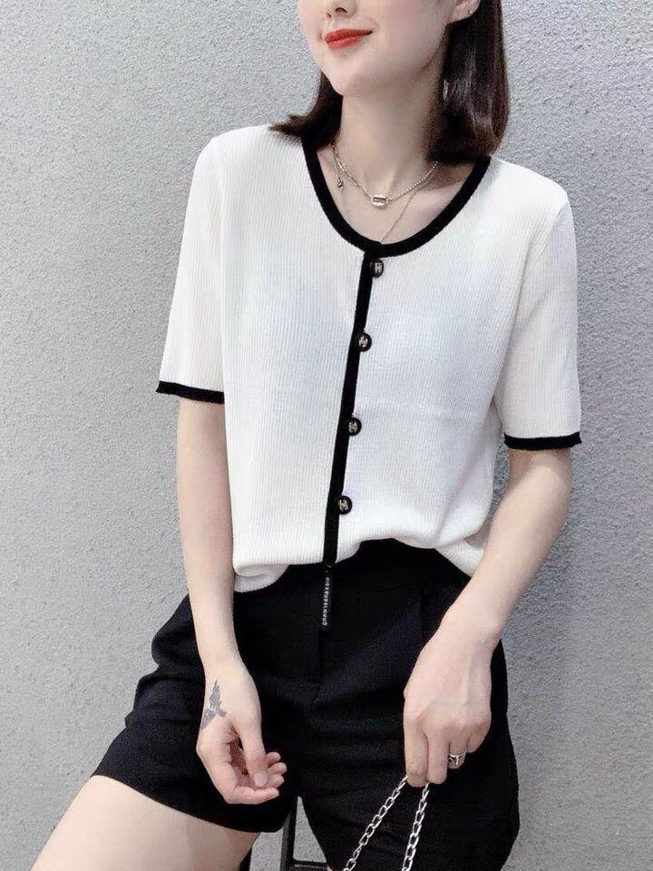 欧货亚麻冰丝针织开衫薄款圆领2021夏季新款短袖T恤上衣,女装套装/套裙,潮品会