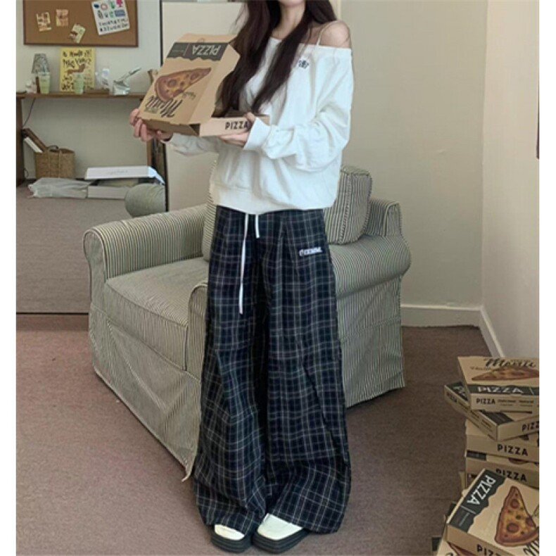 美式格子阔腿裤男女宽松休闲直筒垂百搭感拖地长裤子K662,男装休闲裤,星座1116A（原606A-3）
