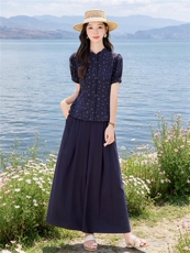 碎花小立领收腰小衫配阔腿裤时尚清新田园风两件套，女装套装/套裙，水衣源