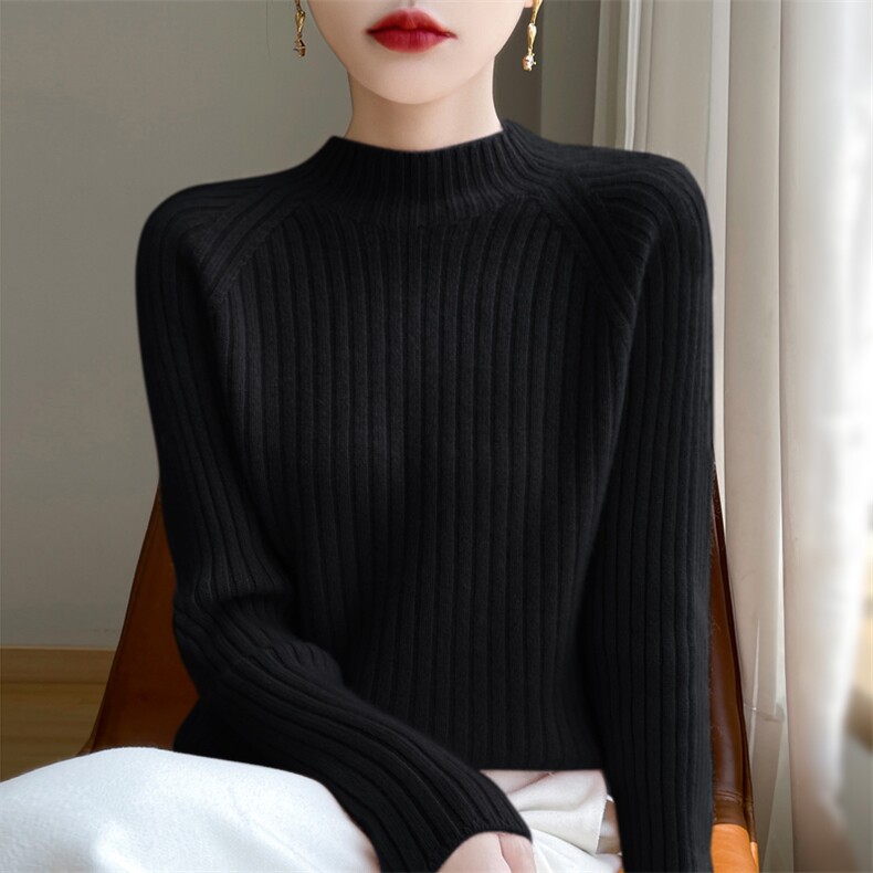 25秋冬100%纯羊毛衫女一线成衣坑条半高领加厚毛衣宽松羊绒衫上衣,女装羊毛衫,九嘉羊绒