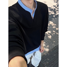 特批P48无差价420g高克重条纹V领华棉假两件复古宽松卫衣男W5431，男装卫衣，电商A001-1