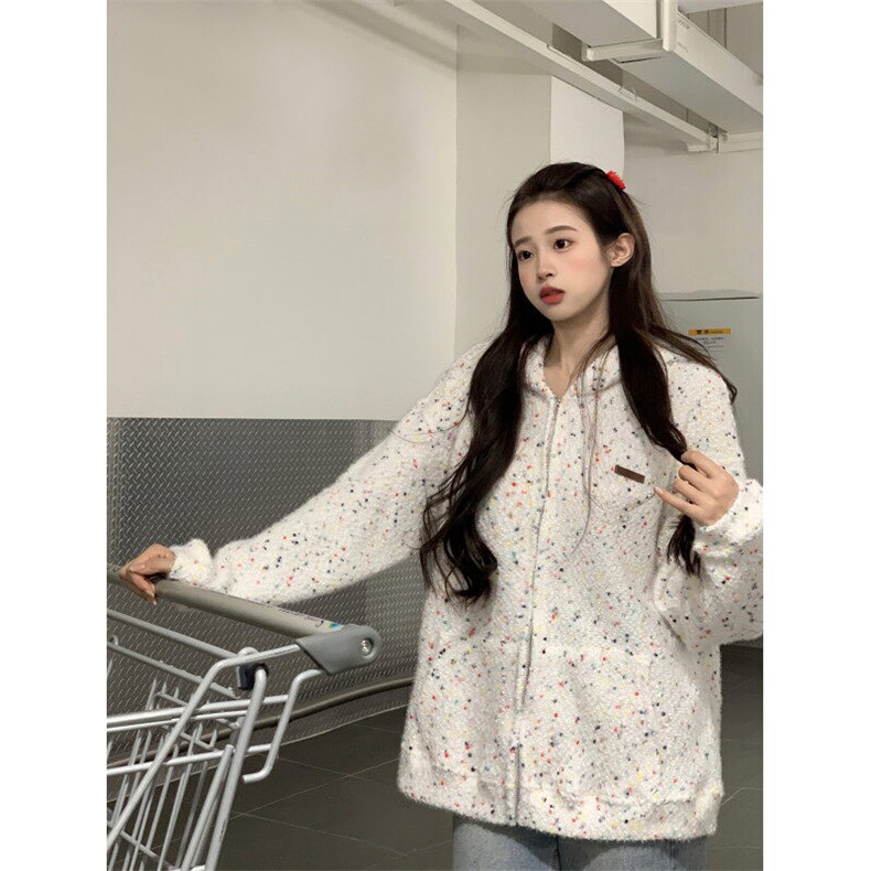 EE052-P95潮牌情侣美式冰淇淋彩点连帽卫衣宽松拉链开衫外套,女装短外套,星座911-3