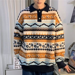毛衣男冬季潮牌套头加厚慵懒打底针织衫复古拼接保暖宽松线衣图片