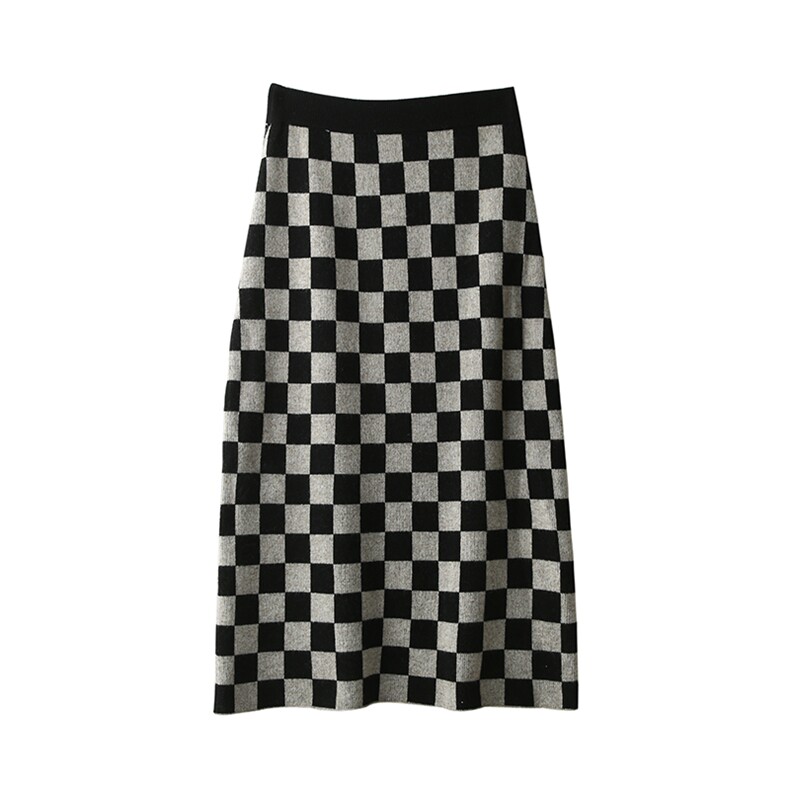 2023秋冬新款羊毛半身裙百搭短款棋盘格裙针织直筒裙女,女装半身裙,君贝羊绒