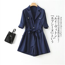 藏青工装连体裤女2021年夏季新款小个子绑带高腰显瘦阔腿连衣短裤，女装连体裤，艾乐芳