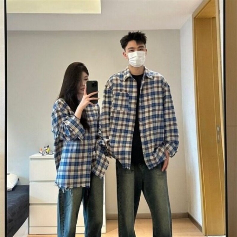 美式复古春秋新款简约毛边蓝色条纹拼接衬衫外套男百搭休闲情侣款,男装衬衫,星座506A