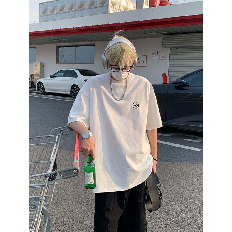 夏季美式重磅短袖t恤男潮流宽松做旧印花套头上衣情侣款休闲体恤,男装T恤,电商A007