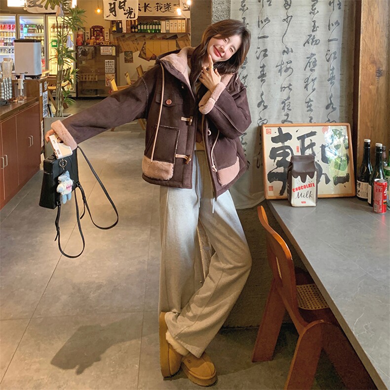 韩版加厚减龄连帽皮毛一体棉服女2025年冬季新款显瘦保暖加绒外套,女装棉衣/棉服,2C305