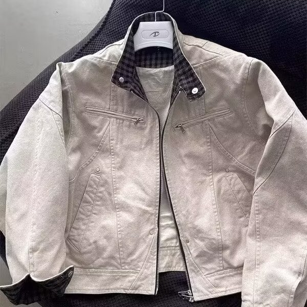 宽松工装外套男秋款复古拉链格子条纹外套AK46P95,男装工装外套,星座1013-1