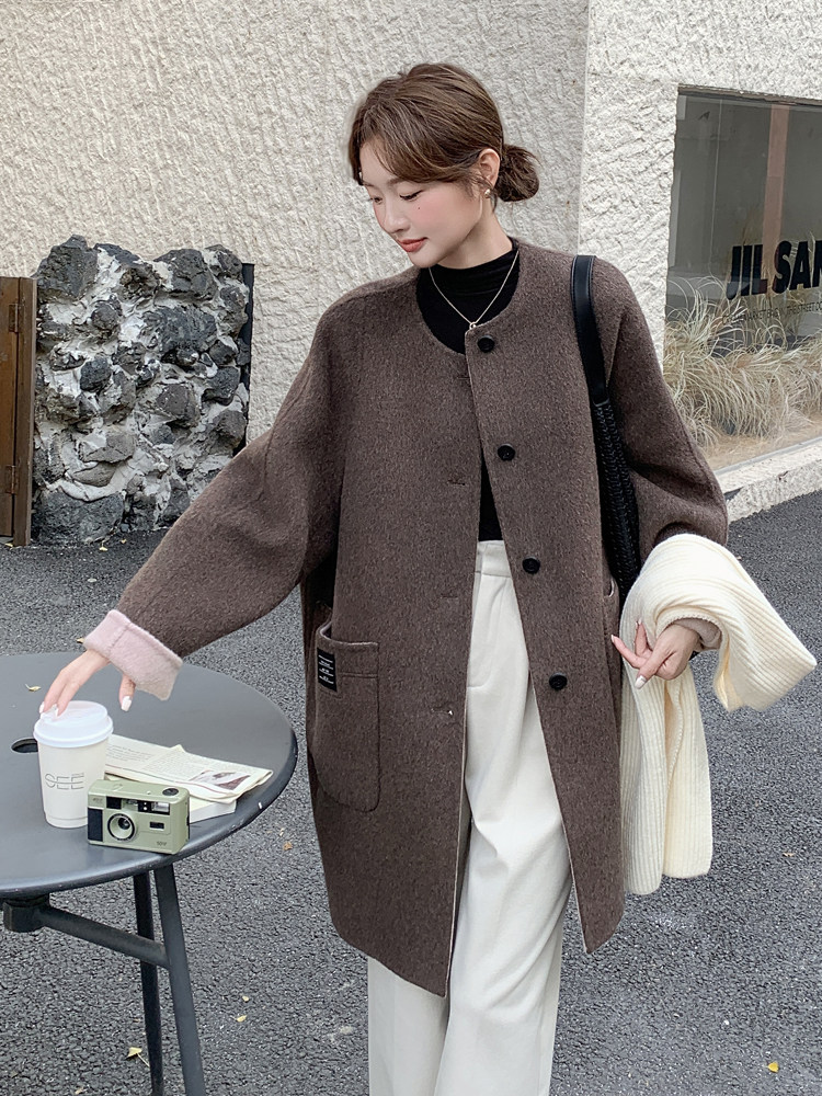 棕色轻熟风圆领双面羊绒大衣女2025冬新款复古宽松中长款毛呢外套，女装双面呢大衣，浙宝192（原082）