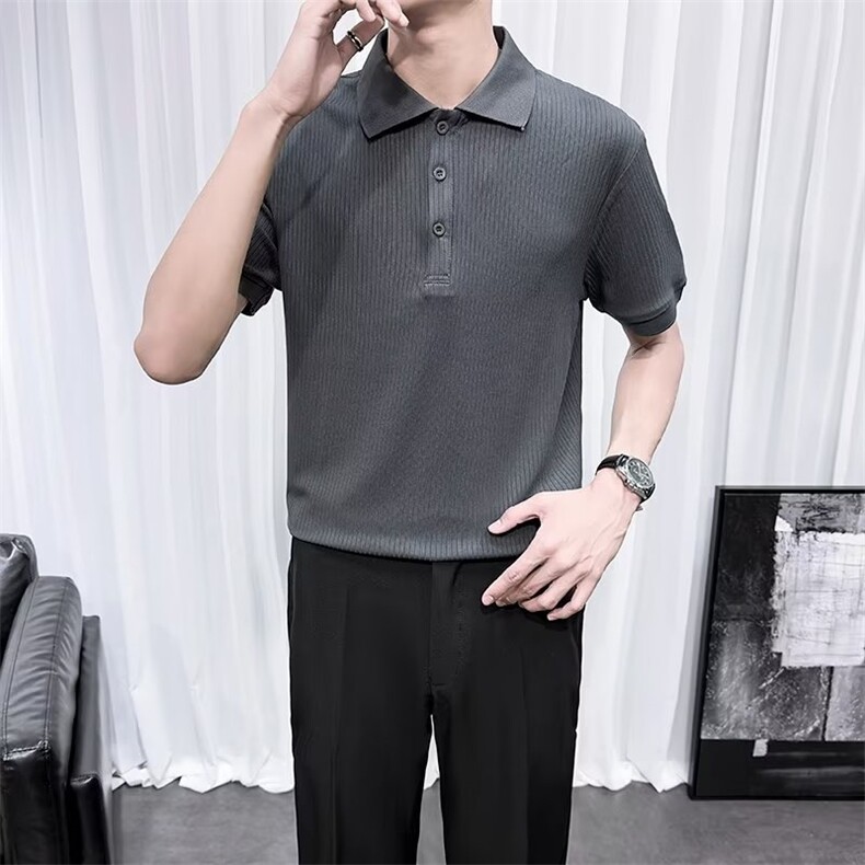冰丝条纹短袖Polo衫男2024新款夏上衣潮流高级感纯色翻领t恤D88,男装Polo衫,星座1116A-2（原606A-1）