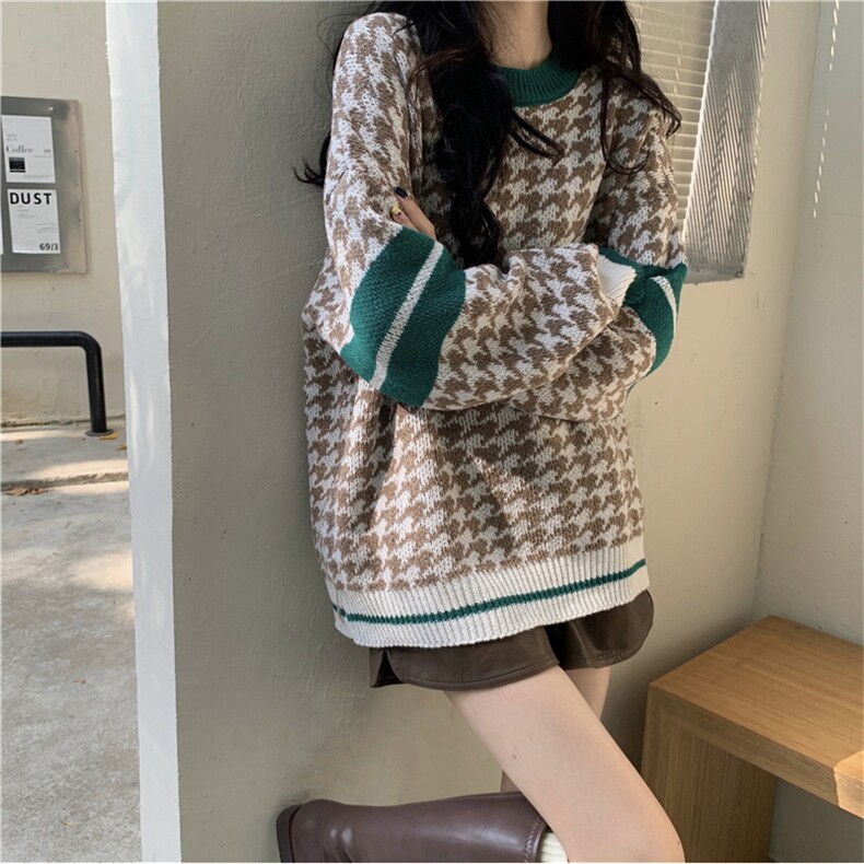 秋冬新款圆领撞色拼色套头长袖毛针织衫毛衣女,针织衫/毛衣,潮品会