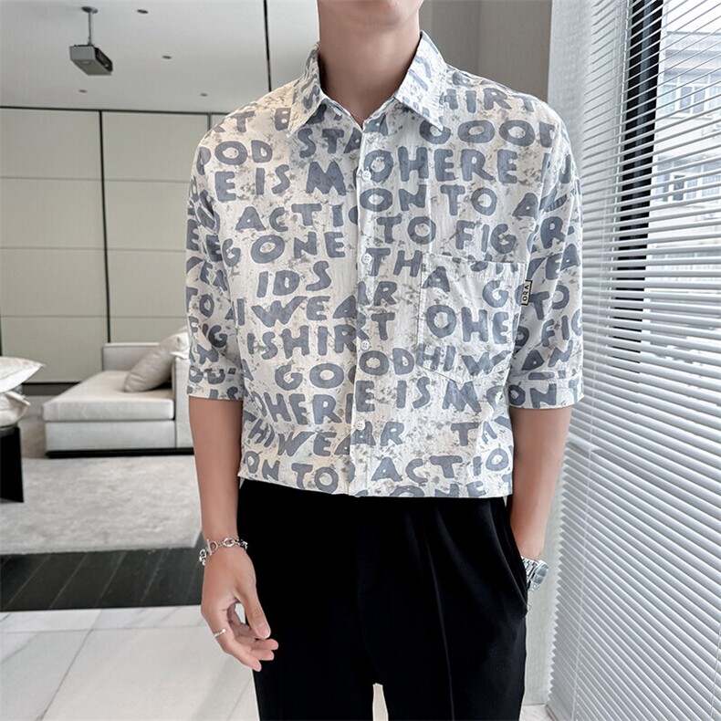 2025春季新款衬衫 男士夏季七分袖衬衫印花棉质上衣男901-C39P58图片