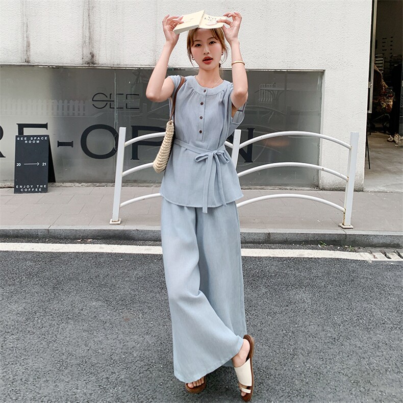 新款蓝色棉麻两件套2C110-H9710-P135-198,女装套装/套裙,2C110