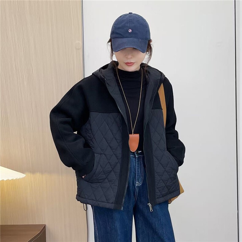 2025冬装新款修身保暖时尚菱形格个性拼接女士棉服外套,女装棉衣/棉服,江忆布依