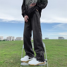 黑灰色毛边牛仔裤男vibe裤子高街美式复古拉链微喇裤GN2803-P45，男装牛仔裤，星座1001-1