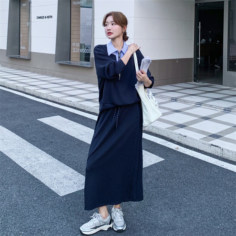 藏青色休闲条纹拼接卫衣套装女2025年春秋季新款显瘦半身裙两件套,女装套装/套裙,2C105