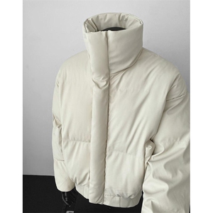 现货5W件冬季三防重磅硬挺boxy短款羽绒立领PU皮棉衣外套加厚棉服图片