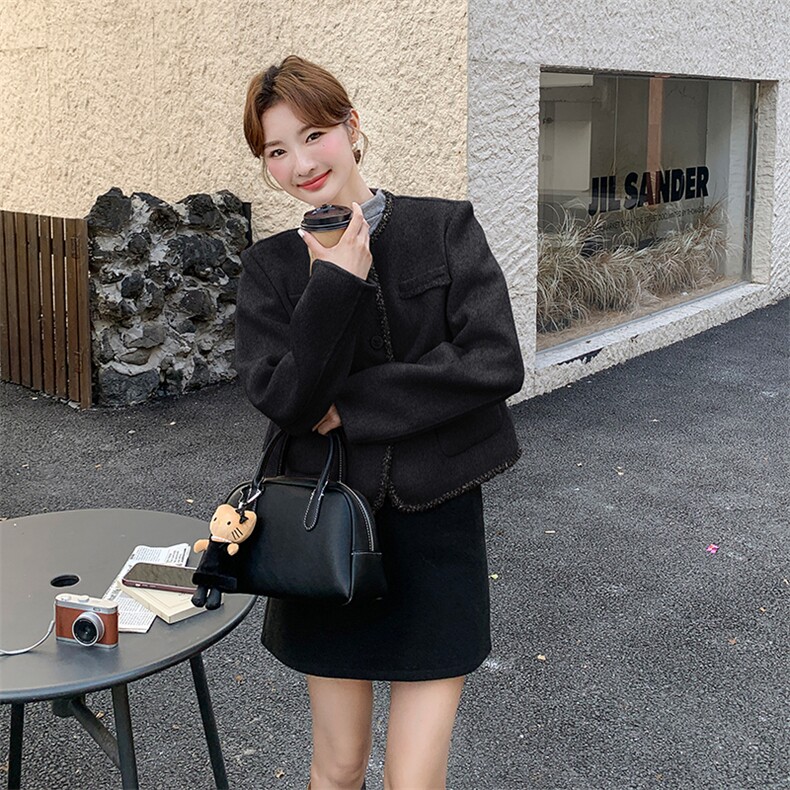 小香风米色双面羊绒外套女秋冬超火好看高级小众加厚毛呢夹克上衣,女装毛呢外套,2C015