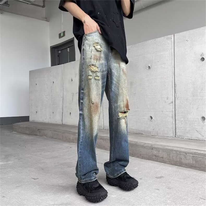 高街黄泥染破洞做旧牛仔裤男宽松直筒垂感长裤NT1718,男装牛仔裤,星座1116A-1（原606A）