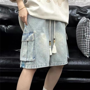 夏季风复古牛仔短裤男百搭中裤直筒宽松美式提花休闲五分裤裤子图片