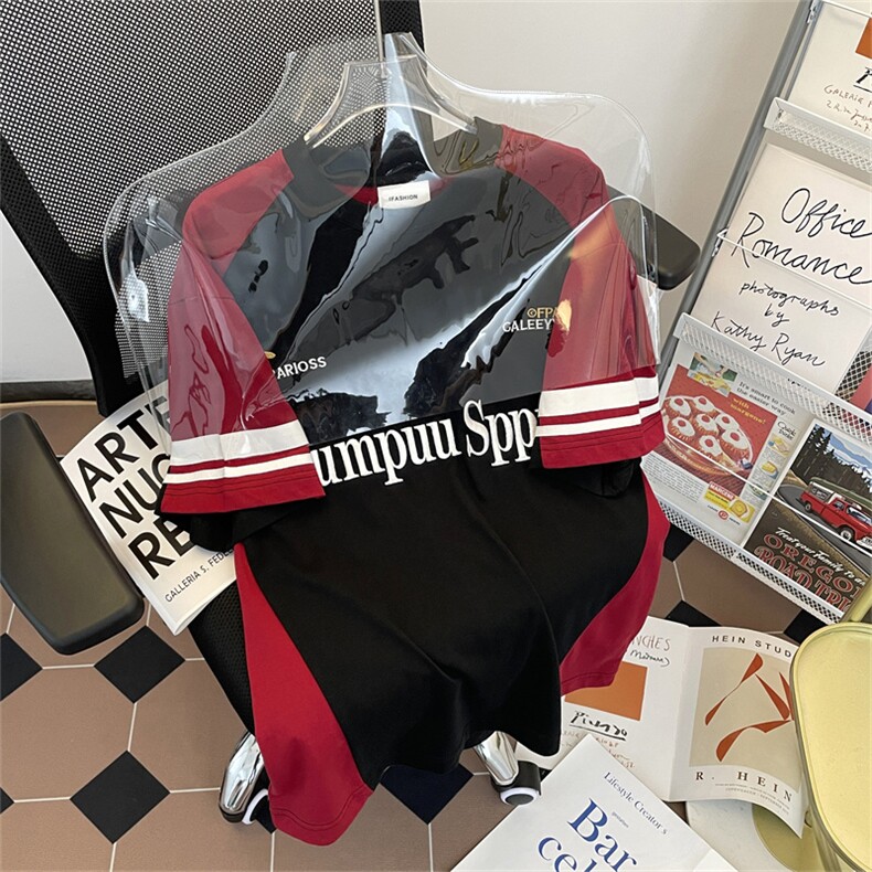 撞色拼接刺绣半袖t恤 复古设计感夏季潮流圆领休闲短袖男T063-43图片